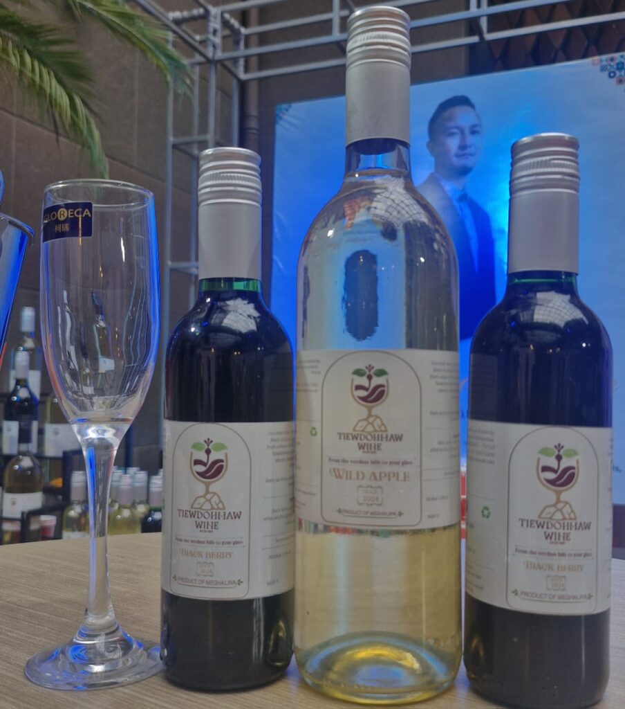 Tiewdohmaw Wine bottles featuring Wild Apple and Sohiong Berry variants — natural 90-day fermented wines from Northeast India.